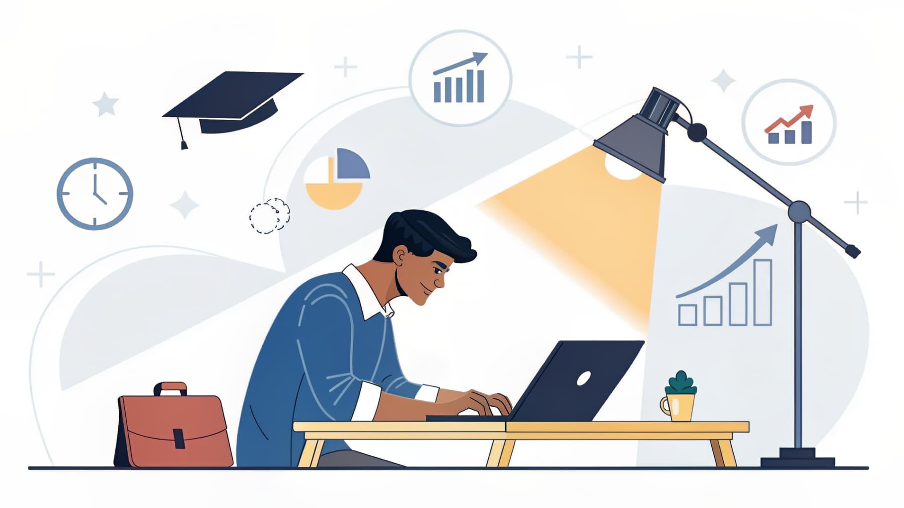 Illustration of a working professional studying for an online MBA at a home desk in the evening