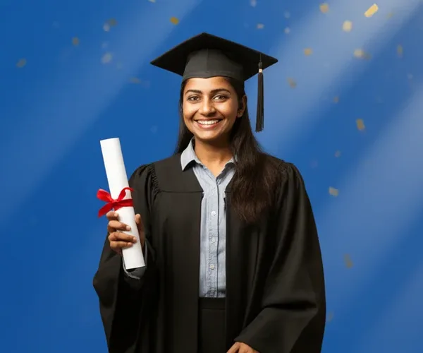 Zero platform fee, always free — a graduate holding her degree certificate